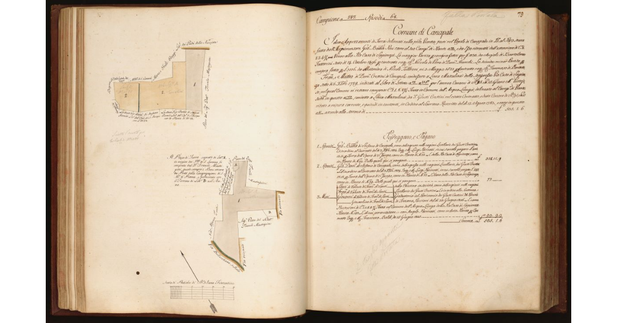 [Pianta di due appezzamenti di terreno situati in località "al Pero", Comune e Popolo di Canapale]