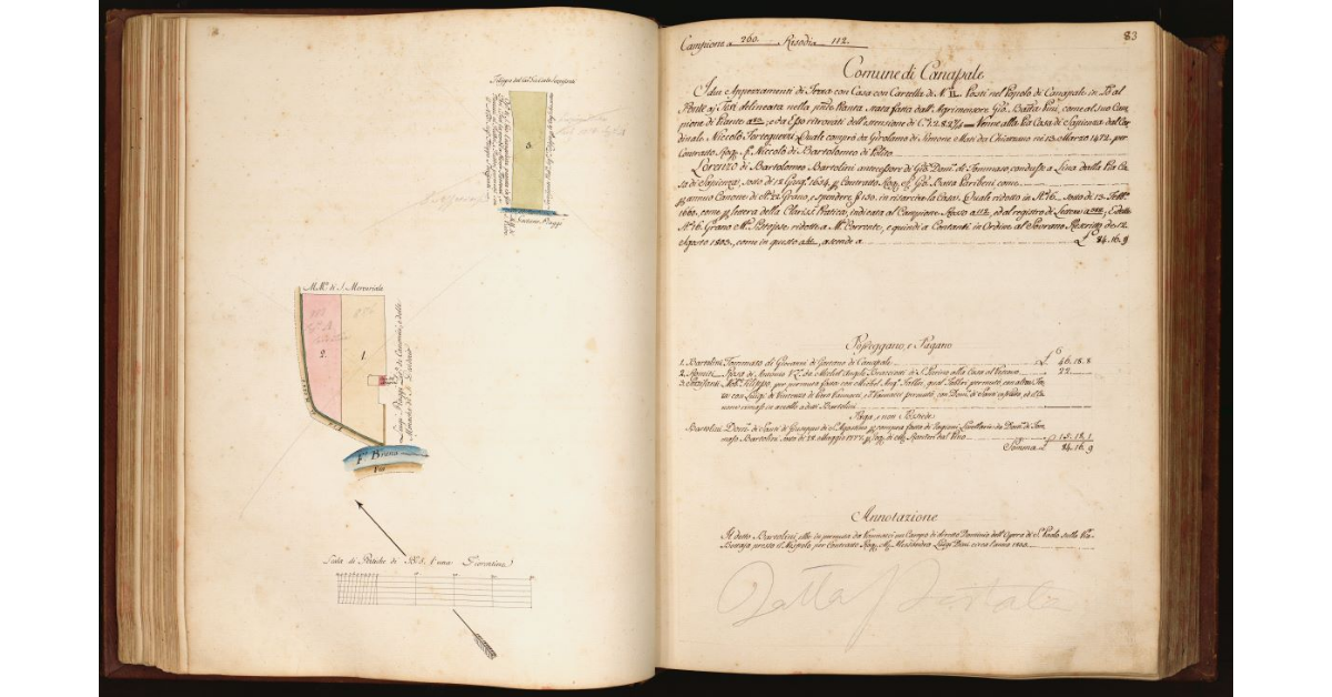 [Pianta di due appezzamenti di terreno situati in località "al Ponte ai Tesi" nel Comune e Popolo di Canapale]
