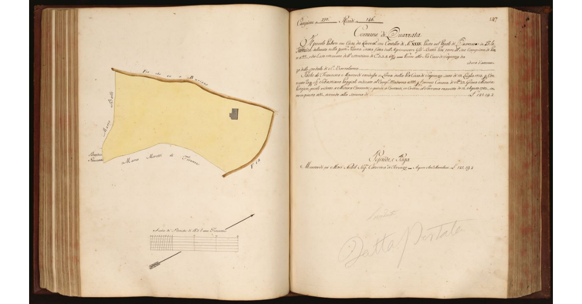 [Pianta di un piccolo podere con casa da lavoratore (della superficie di coltre 3, stiora 3, panora 8, pugnora 6 e 9/16) situato in località "la Fabbrica" nel Comune e Popolo di Quarrata]