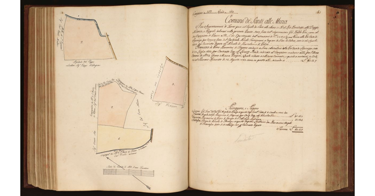 [Pianta di tre appezzamenti di terreno posti rispettivamente in località "al Rio Benedetto", "alla Doggia" e "Vicarese o Poggiale", nel Comune e Popolo dei Santi alle Mura]
