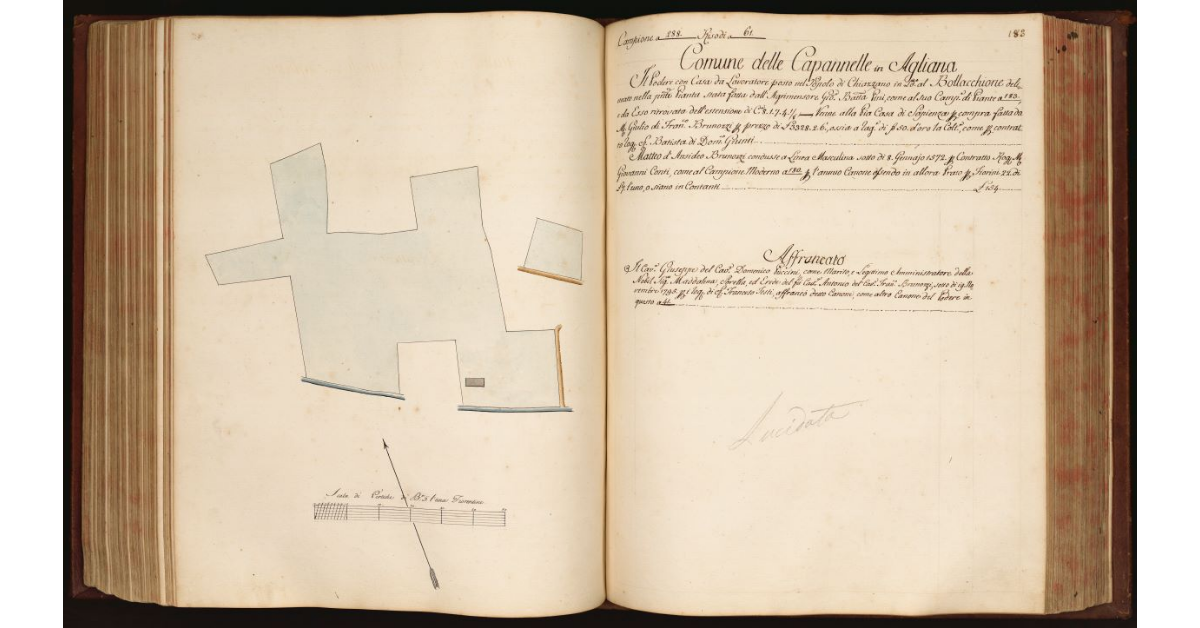 [Pianta di un podere con casa da lavoratore situato in località "Bollacchione" nel Comune delle Capanelle in Agliana, Popolo di Chiazzano]