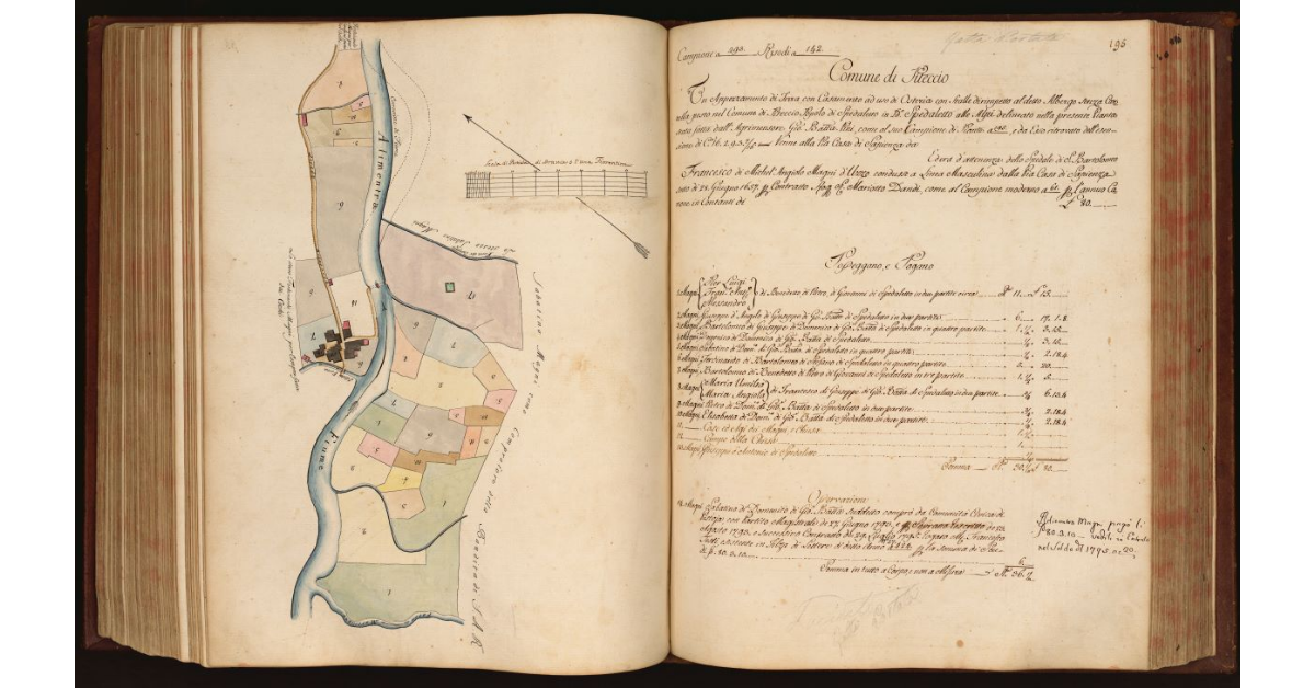 [Pianta di un corpo di terre con casamento ad uso di Osteria e alcune stalle, che si estende lungo il fiume Alimentra, in località "Spedaletto alle Alpi" nel Comune di Piteccio, Popolo di Spedaletto]