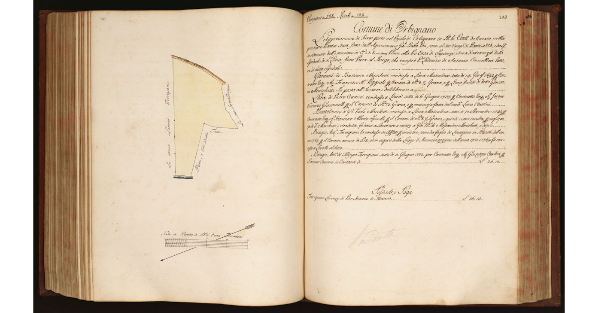 [Pianta di un appezzamento di terreno situato in località "le Corti" nel Comune e Popolo di Orbignano]