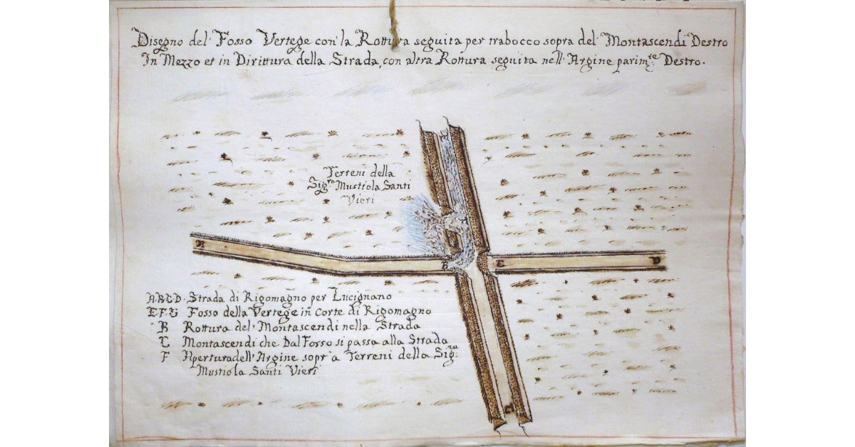 Disegno del Fosso Vertege con la Rottura seguita per trabocco sopra del Montescendi Destro, in Mezzo et in Dirittura della Strada [di Rigomagno per Lucignano], con altra Rottura seguita nell'Argine parimente Destro
