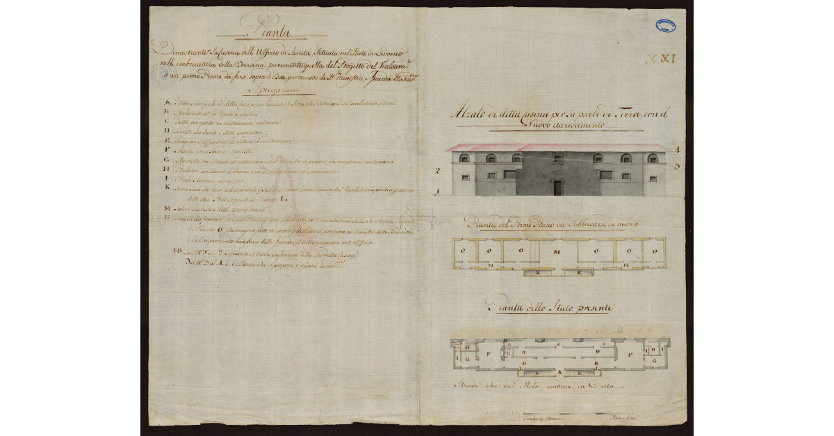 Pianta dimostrante dimostrante la casina dell'Uffizio di Sanità, situato nel Porto di Livorno nell'imboccatura della Darsena