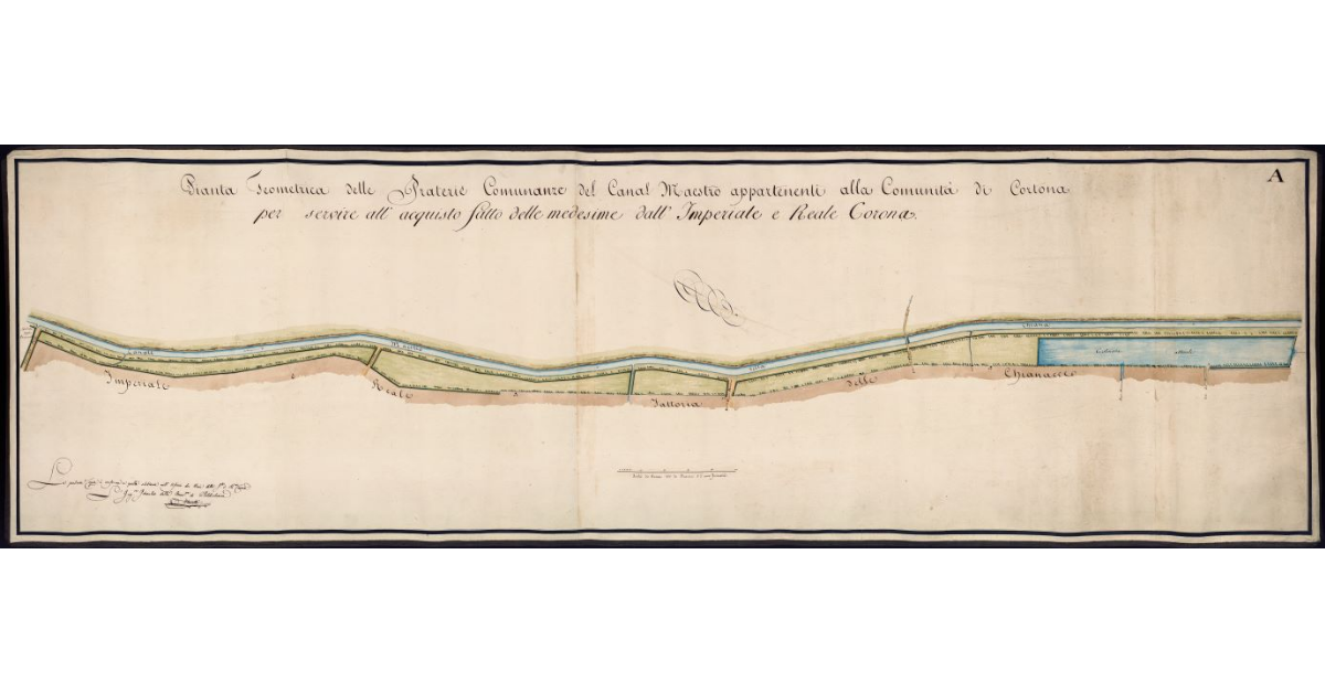 Pianta geometrica delle Praterie Comunanze del Canal Maestro appartenenti alla comunità di Cortona per servire all’acquisto fatto dall’Imperiale e Reale Corona