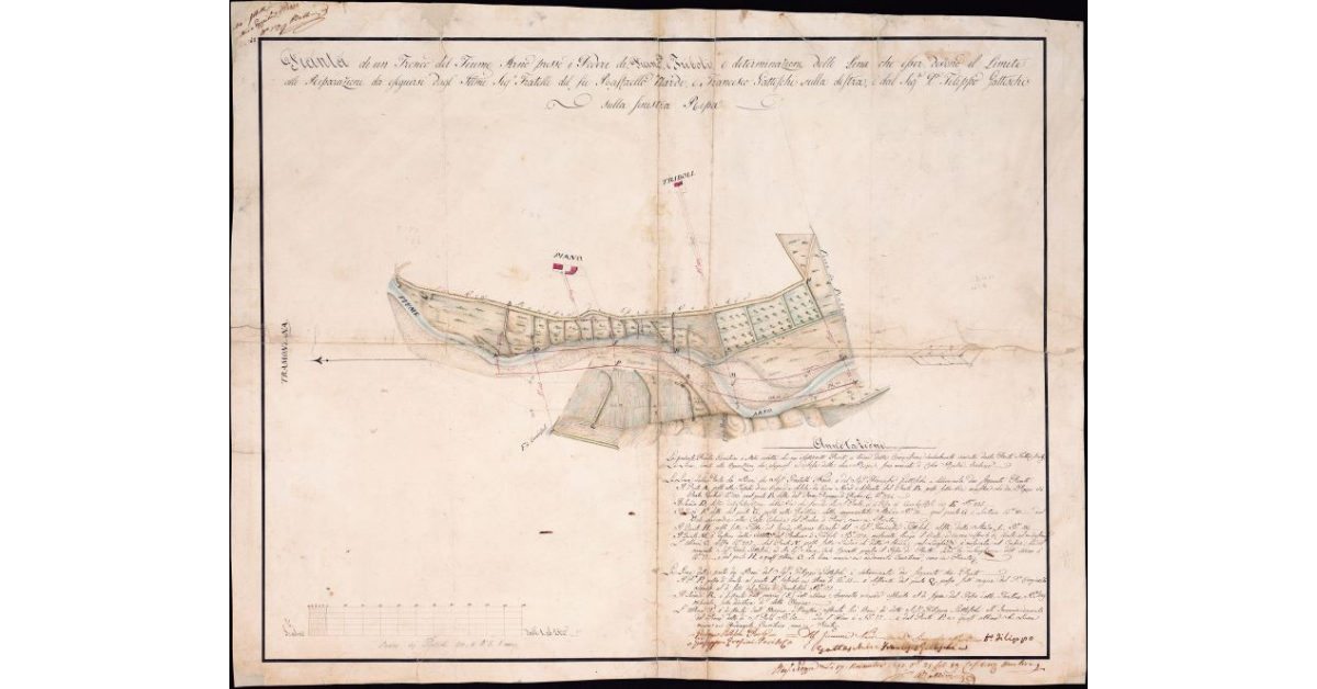 Pianta di un tronco del Fiume Arno presso i Poderi di Piano e Triboli e determinazione delle linee che esser devono il Limite alle Riparazioni da eseguirsi dagli Il.mi Sig.i Fratelli del fu Raffaello Nardi e Francesco Gatteschi sulla destra e dal Sig.e D. Filippo Gatteschi sulla sinistra ripa
