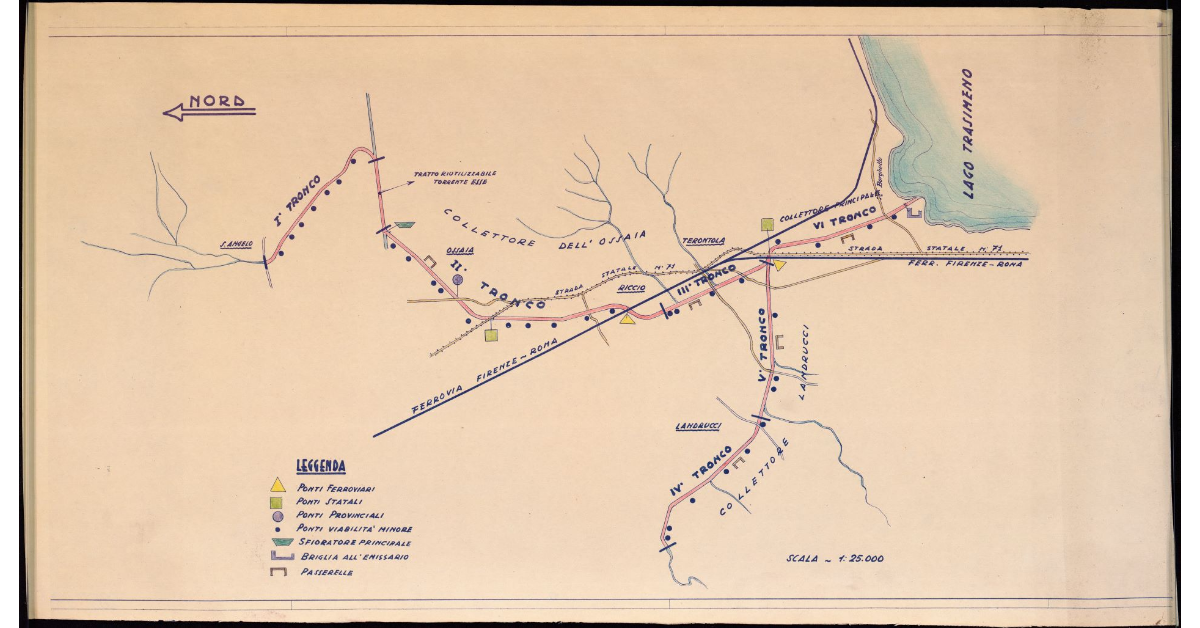 [Carta del territorio compreso fra il Lago Trasimeno e S. Angelo con indicazione di lavori idraulici]