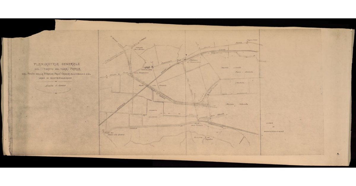 Planimetria generale del tratto del Torr. Parce e della Strada Prov.le Cassia allo sbocco nel Lago di Montepulciano