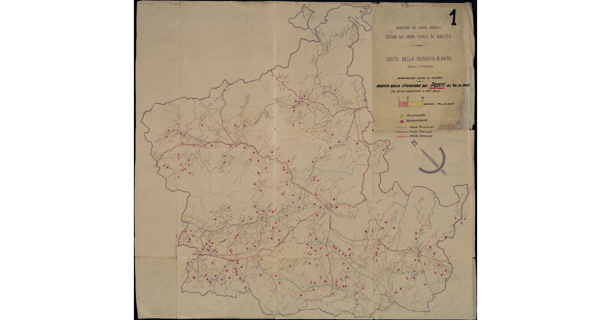 Carta della Provincia di Arezzo. Riparazione danni di guerra. Grafico della situazione dei ponti al 30 XI 1947