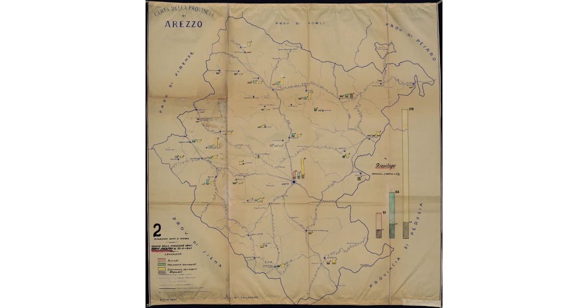 Carta della Provincia di Arezzo. Riparazione danni di guerra. Grafico della situazione degli edifici scolastici al 30 XI 1947