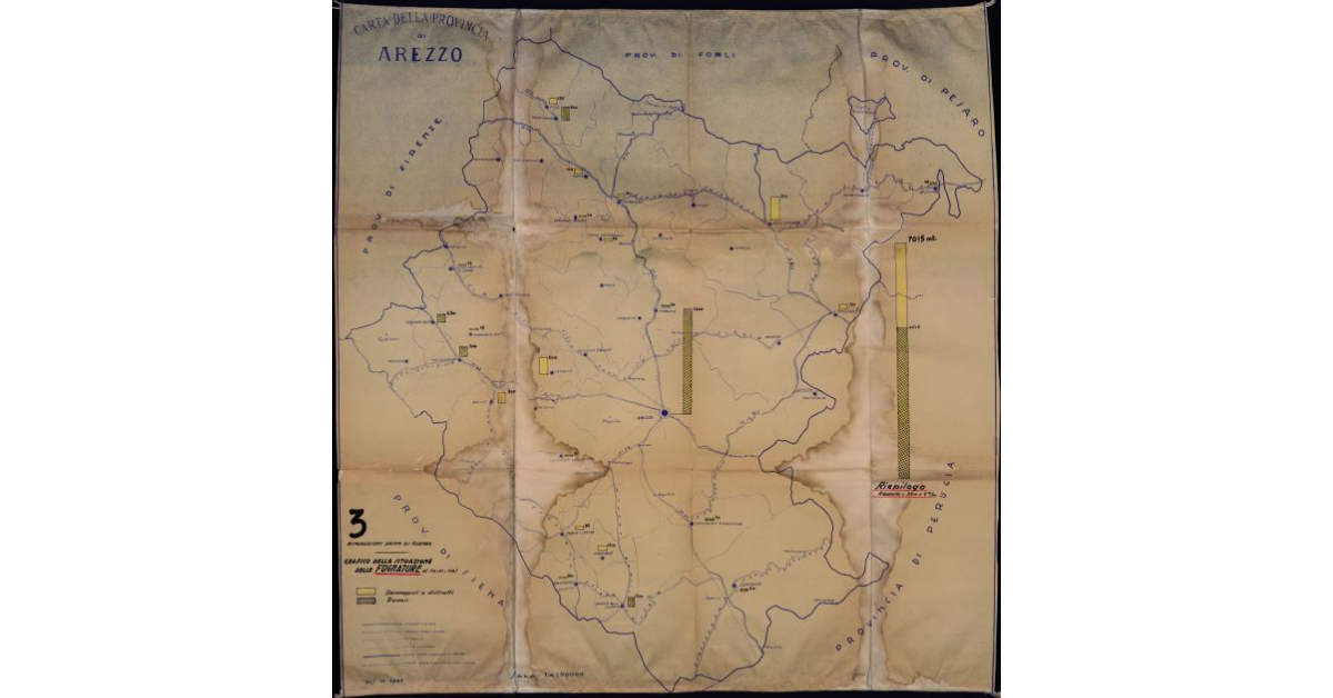 Carta della Provincia di Arezzo. Riparazione danni di guerra. Grafico della situazione delle fognature al 30 XI 1947