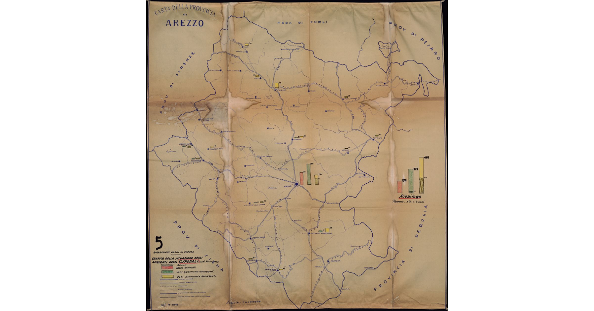Carta della Provincia di Arezzo. Riparazione danni di guerra. Grafico della situazione degli ospedali al 30 XI 1947