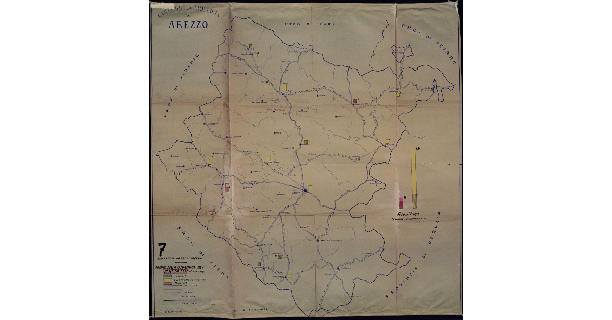Carta della Provincia di Arezzo. Riparazione danni di guerra. Grafico della situazione dei mattatoi al 30 XI 1947