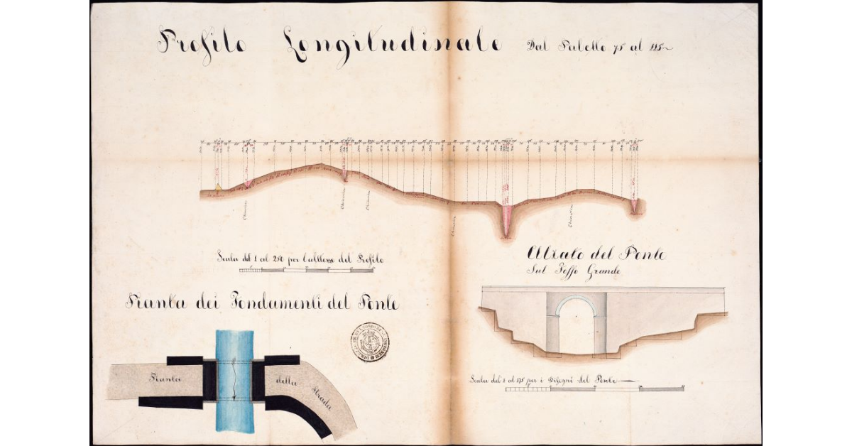 Profilo longitudinale dal Paletto 75 al 115 [della strada San Martino Tremoleto-Raggiolo con pianta e alzato del Ponte sul Fosso Grande