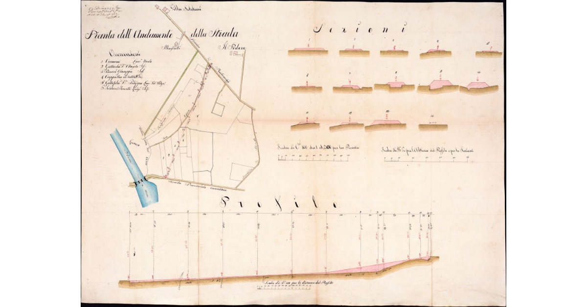 Pianta dell'andamento della Strada [nuova in progetto tra il ponte sull'Arno sotto Borgo alla Collina sulla Provinciale Casentinese e la via di Pratovecchio]