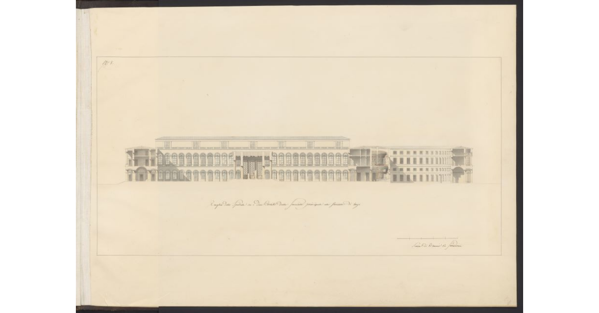 Taglio dello Spedale sui due cortili dalla facciata principale alla facciata di tergo