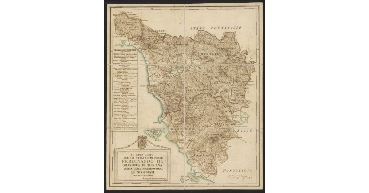 Al buon genio per gli studi utili di S.A.R. Ferdinando III granduca di Toscana questa carta geografica fisica dei suoi Stati umilmente consagra l'arciprete Bartolommeo Borghi