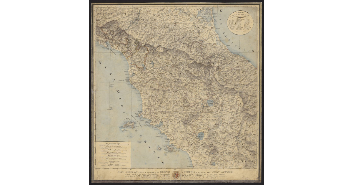 Carta generale fisica ed itineraria del Regno d’Etruria e di porzione degli Stati limitrofi costruita secondo le più recenti osservazioni e con i migliori materiali che si sono potuti raccogliere sotto gli auspici di S. M. la Regina Maria Luisa Infante di Spagna, Reggente del Regno, dal cavaliere Giovanni De Baillou, geografo regio e direttore dello Scrittoio geografico l’anno MDCCCIV