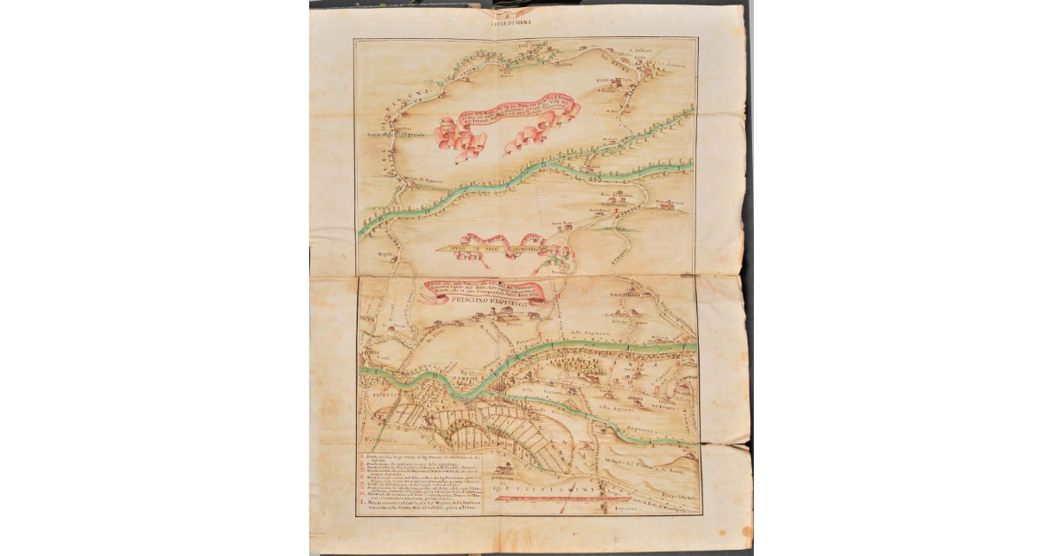 Pianta delle Strade, che da due Ponti, una per la Via d'Asciano e l'altra per quella di Castelnuovo portano alla Villa del Signor Tommasi, Sapienza ed altri Luoghi circonvicini [e] _x000B_Pianta, che dalle Taverne alla Villa del Signor Tommasi dimostra 'l corso dell'Arbia, campagna adiacente, e strade, che in essa si comprendono