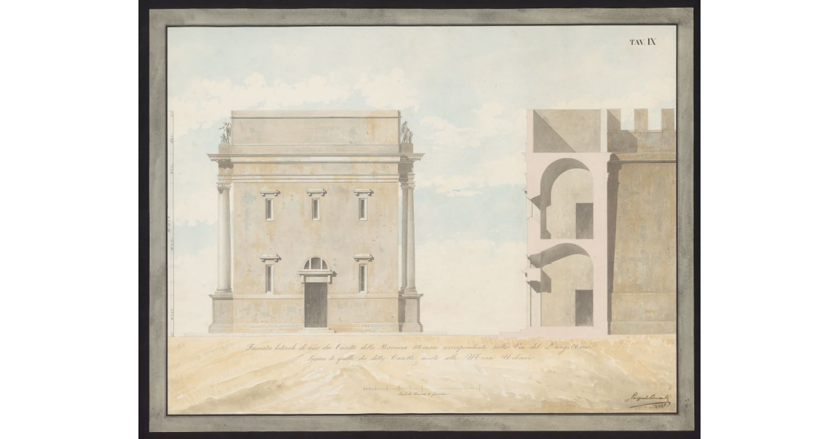 Tav. IX Facciata laterale dei casotti della barriera minore corrispondente sulla via del lungarno. Sezione di quello dei casotti unito alle mura urbane [di Firenze]