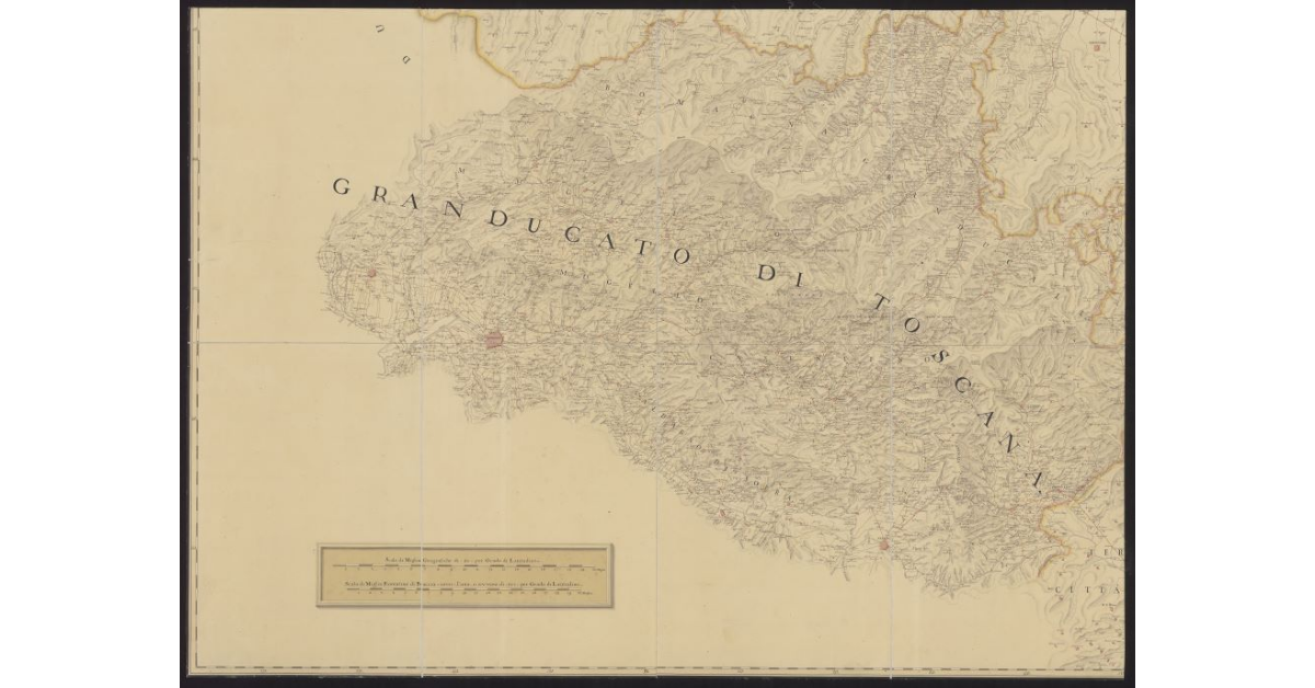 Carta geografica di parte del Granducato di Toscana e dello Stato della Chiesa, delineata specialmente per lume e regola dei progetti riguardanti la strada di commercio per unire i due mari