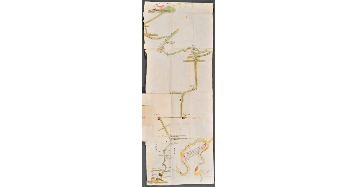 Disegno della strada che da Colle Mala Merenda va alla strada Grossetana passando la Tressa, la Sorra due ponti buoni et uno rotto