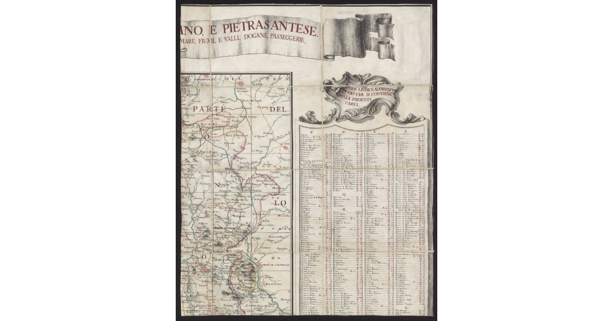 Carta della Toscana divisa nei stati fiorentino, sanese, pisano e pietrasantese, con le città, terre e castelli, arcivescovadi, vescovadi, giusdicenze e feudi, poste, fortezze munite, porti di mare, fiumi, e valli, dogane, passeggerie, e confinazioni, strade carreggiabili e da soma, etc. etc