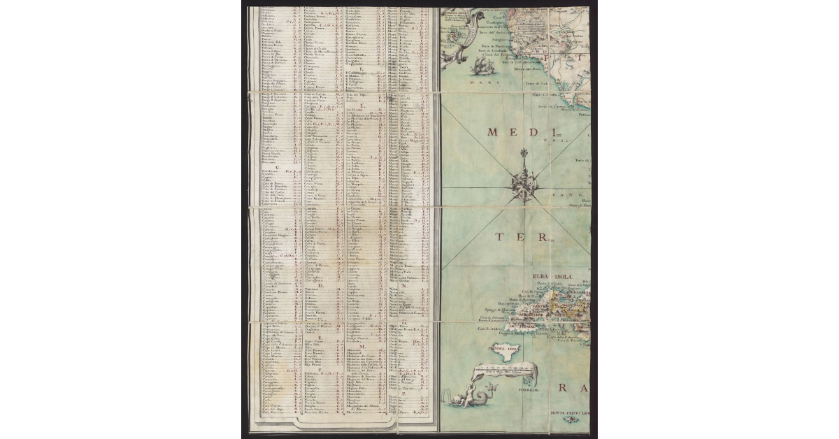Carta della Toscana divisa nei stati fiorentino, sanese, pisano e pietrasantese, con le città, terre e castelli, arcivescovadi, vescovadi, giusdicenze e feudi, poste, fortezze munite, porti di mare, fiumi, e valli, dogane, passeggerie, e confinazioni, strade carreggiabili e da soma, etc. etc