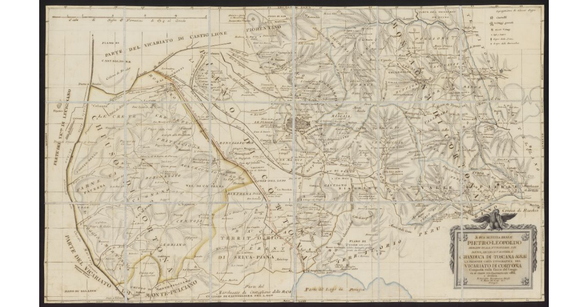 A sua Altezza Reale Pietro Leopoldo Principe Reale d'Ungheria e di Boemia, Arciduca d'Austria e granduca di Toscana etc. etc. etc. la presente carta topografica del vicariato di Cortona, composta sulla faccia del luogo da se stesso umilissimamente offre e dedica il sacerdote Bartolommeo Borghi di Monte del Lago di Perugia