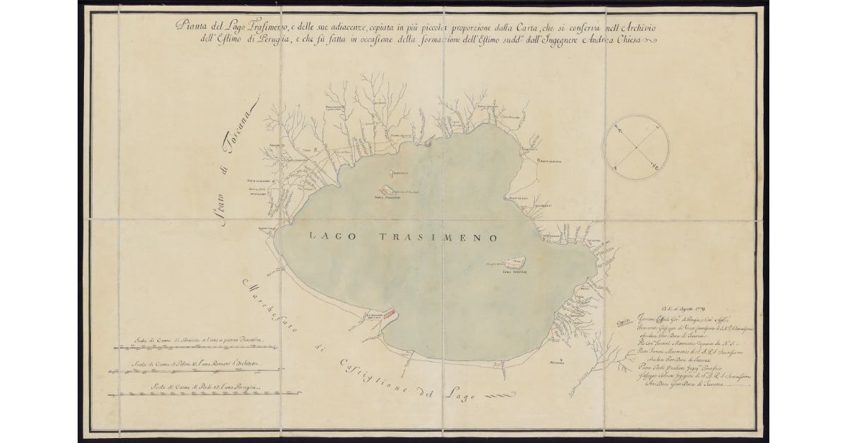 Pianta del lago Trasimeno e delle sue adiacenze, copiata in più piccola proporzione dalla carta che si conserva nell'archivio dell'Estimo di Perugia e che fu fatta in occasione della formazione dell'estimo suddetto dall'Ing. Andrea Chiesa