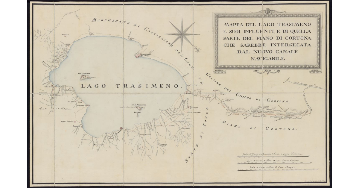 Mappa del lago Trasimeno e suoi influenti e di quella parte del piano di Cortona che sarebbe intersecata dal nuovo canale navigabile