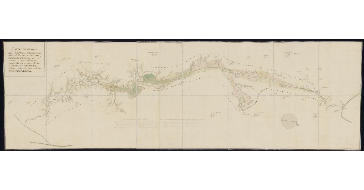 Carta topografica della Valdichiana e dell'imposizione del canal maestro che l'attraversa, ricavata dai monumenti i più autentici fra quelli esistenti nei pubblici archivi del granducato di Toscana ed in rapporto alle colmate, ridotta allo stato moderno dell'anno 1775