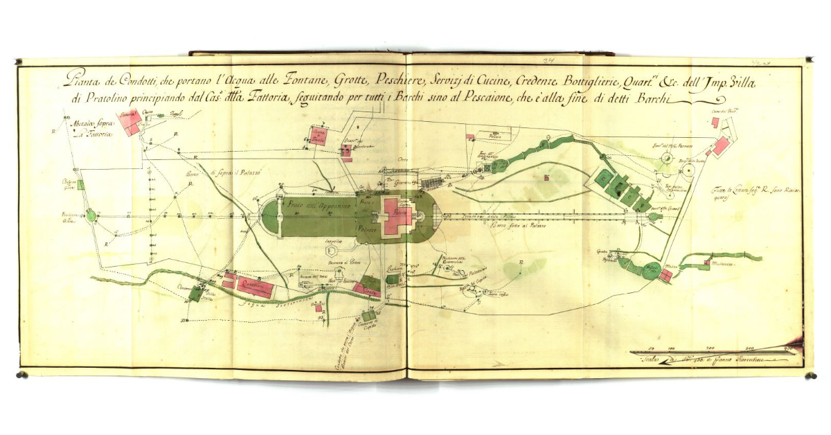 Pianta de condotti che portano l'acqua alle fontane, grotte, peschiere, servizi di cucine, credenze, bottiglierie, quartieri, ecc. dell'Imp. Villa di Pratolino principiando dal casotto della fattoria, seguitando per tutti i Barchi sino al Pescaione, che è alla fine di detti Barchi