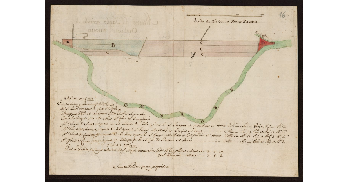 Pianta fatta per dimostrazione del terreno che si deve occupare in fare il Taglio per addrizzare il fiume Ombrone dalla svolta sopra la Casa de Biagini sino allo sbocco nel Fosso di Brusigliano