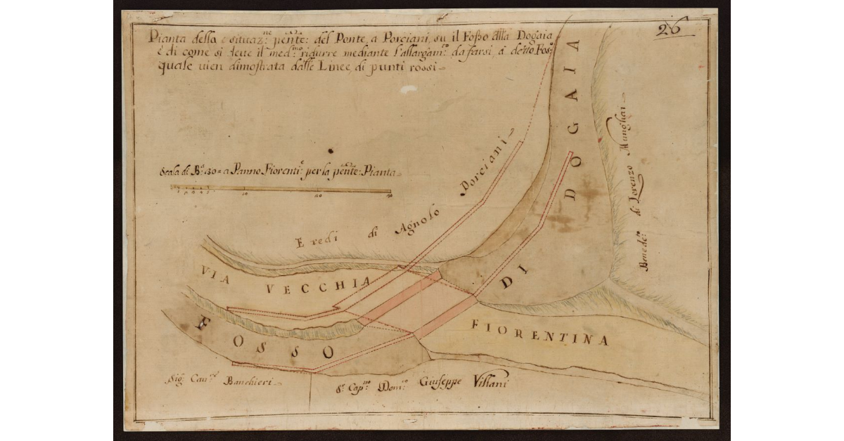 Pianta della situazione presente del Ponte a Porciani su il Fosso della Dogaia e di come si deve il med.mo ridurre mediante l'allargamento da farsi a detto Fosso, quale vien dimostrata dalle linee di punti rossi