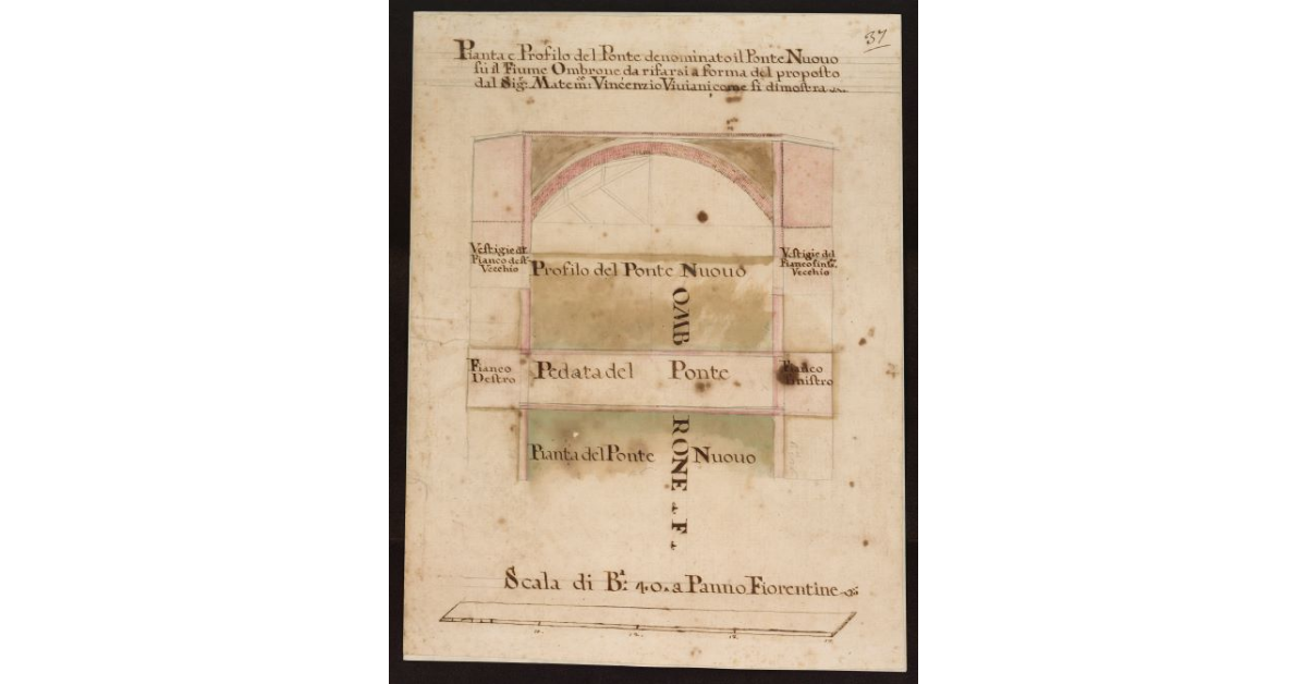 Pianta e profilo del Ponte denominato il Ponte Nuovo su il Fiume Ombrone, da rifarsi a forma del proposto dal Sig. Matematico Vincenzio Viviani, come si dimostra