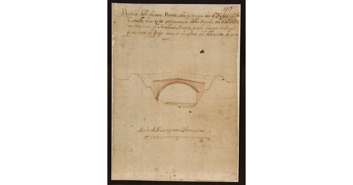 Profilo dell'ultimo Ponte che si trova su il Fosso al Catrelli, dove resta attraversato dalla strada, che dalla Catena conduce al Mulino Nuovo, quale dovrà ridursi superiore di sfogo come si dimostra dal delineato di punti neri