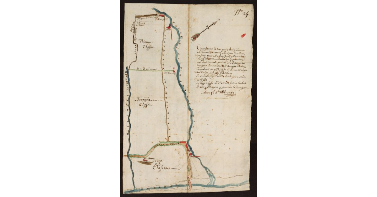 Circonferenza di tutti quei beni e terreni che devono concorrere alla spesa de muri da farsi tanto al Battiferro, quanto ne beni de Signori Baroni e Braccialini per provvedere agl'incominciati pericoli di rotte come vengono dimostrati nell'annessa Pianta