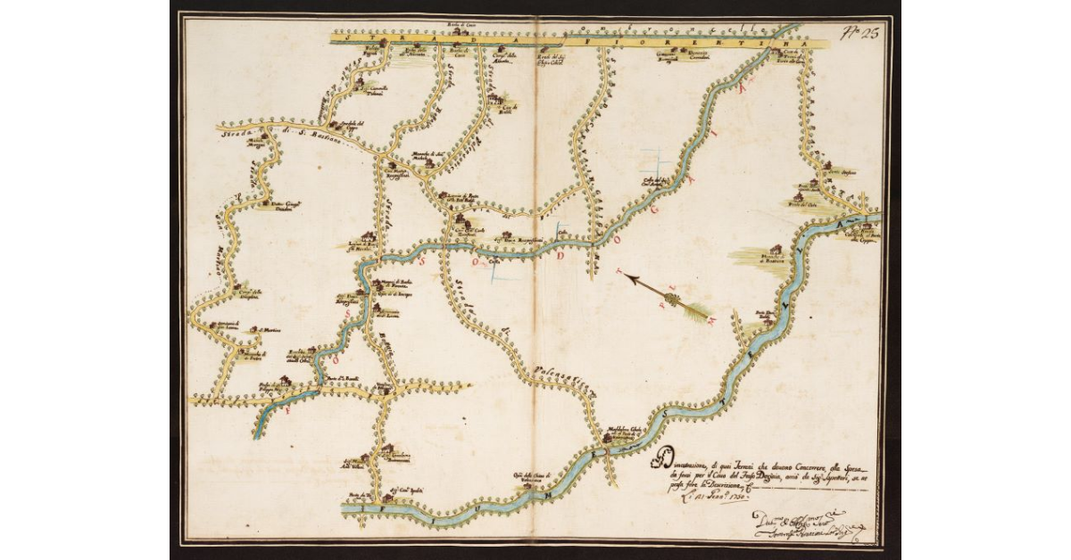 Dimostrazione di quei terreni che devono concorrere alla spesa da farsi per il cavo del Fosso Dogaia, acciò da Sig.ri Ispettori se ne possa fare la Descrizione