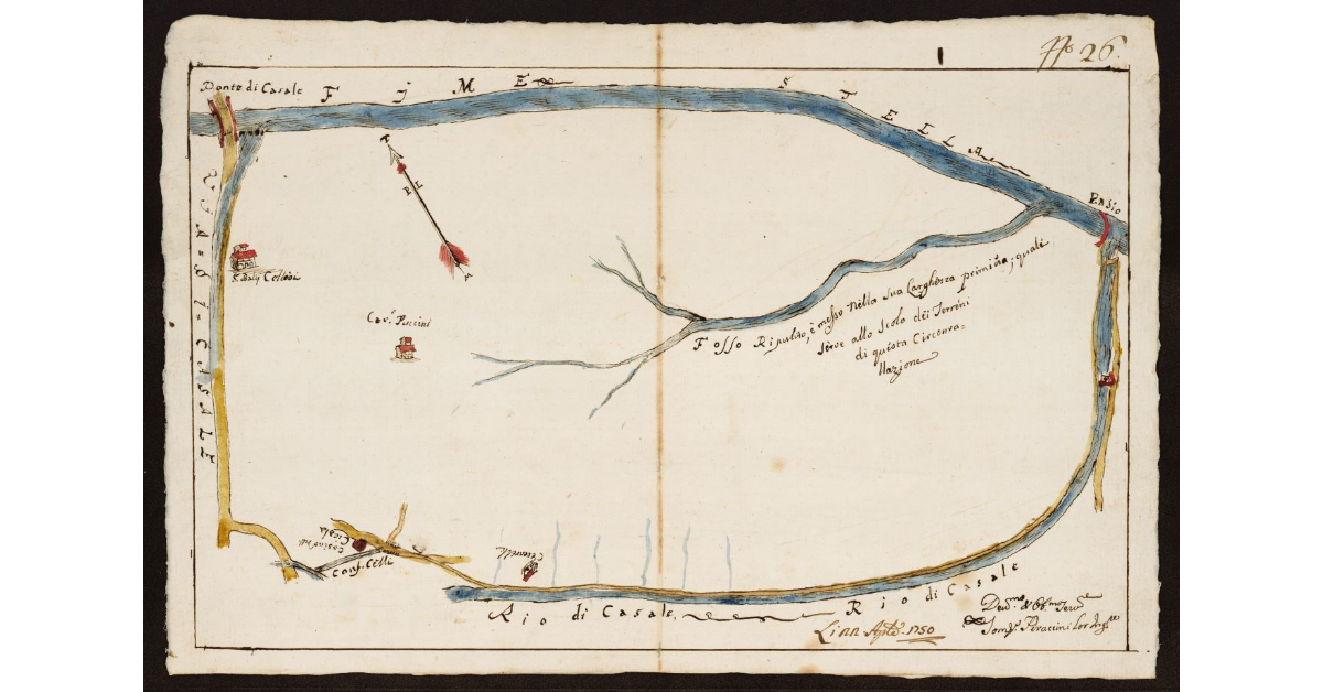 [Pianta schematica del territorio fra il fiume Stella e il rio e la strada di Casale]
