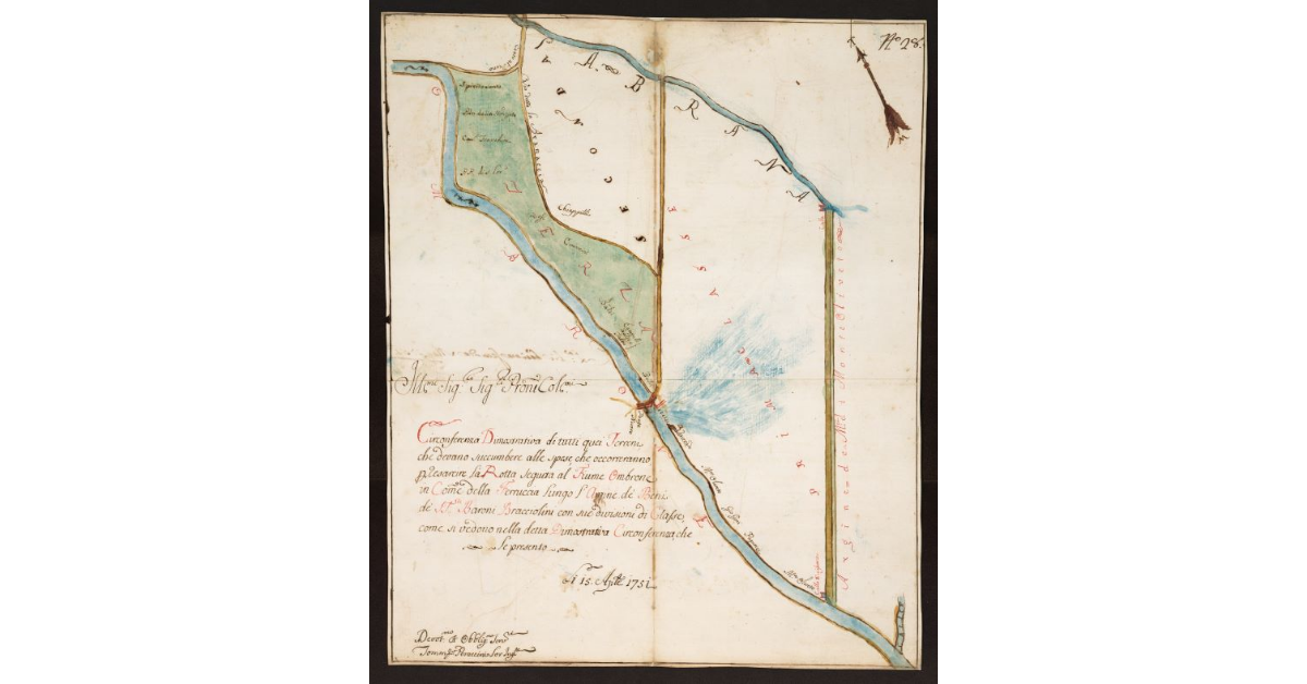 Circonferenza dimostrativa di tutti quei terreni che devano succumbere alle spese che occorreranno per resarcire la rotta seguita al Fiume Ombrone in Comune della Ferruccia lungo l'argine de beni dei Ss.ri Baroni Bracciolini