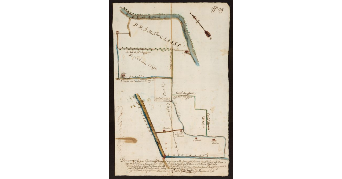 Dimostrazione di quei terreni che devono concorrere alla spesa per il resarcimento da farsi alla rotta seguita al Fiume Brana ne beni del Sig.r Angelo dal Gallo colla divisione delle sue classi