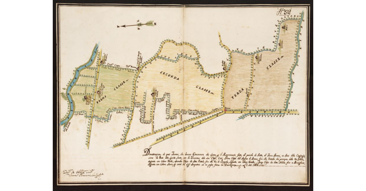 Dimostrazione di quei terreni, che devono concorrere alla spesa per il resarcimento fatto all pericolo di Rotta del Fiume Brana, ne beni della Congregazione de Preti dello Spirito Santo, con la divisione delle sue Classi