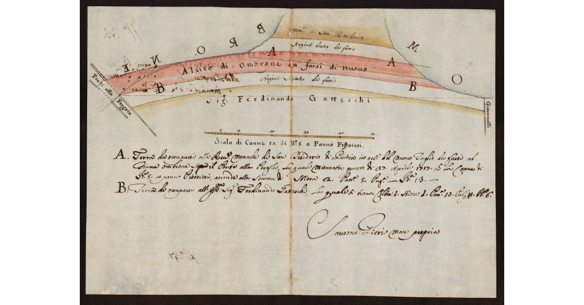 [Pianta del progetto del nuovo letto d'Ombrone tra il Ponte alla Pergola e i beni Giacomelli]