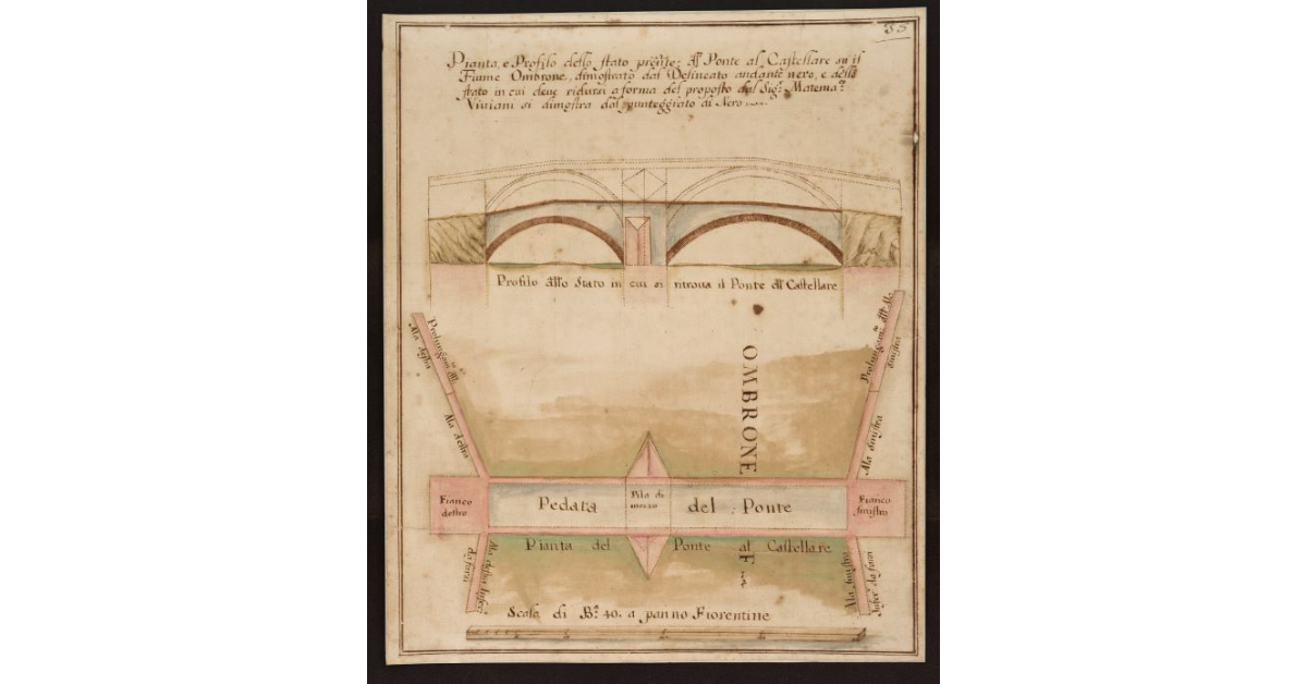 Pianta e profilo dello stato presente del Ponte a Castellare su il Fiume Ombrone, dimostrato dal delineato andante nero, e dello stato in cui deve ridursi a forma del proposto dal Sig.r Matematico Viviani si dimostra dal punteggiato di nero
