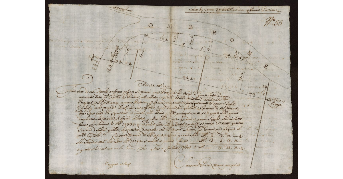 [Pianta dell'Ombrone Vecchio con progetto del Nuovo alla confluenza del Rio Brusigliano nei terreni del Capitolo di Pistoia]