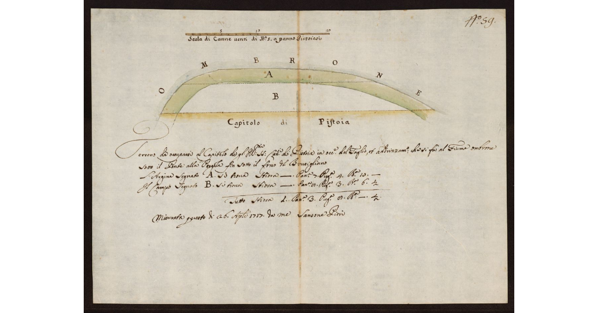 [Pianta dell'Ombrone Vecchio e del terreno del Capitolo di Pistoia tra Ponte alla Pergola e il Rio Brusigliano da occuparsi per realizzare il nuovo fiume]