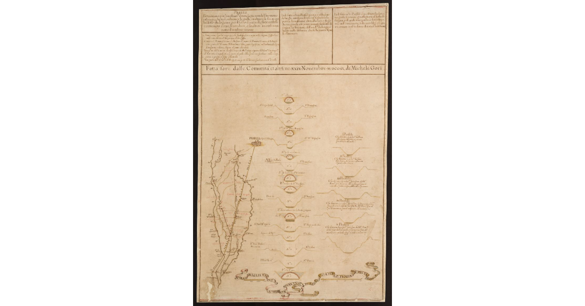 Pianta fatta a mano per dimostrazione di tutta la pianura dell territorio pistoiese, che tra l'Ombrone e la Stella smaltisce le sue acque nel fosso di Dogaia e per il fosso di Catrelli che è un'istesso continuato corso, le conduce a smaltire in Ombrone sotto il mulino nuovo