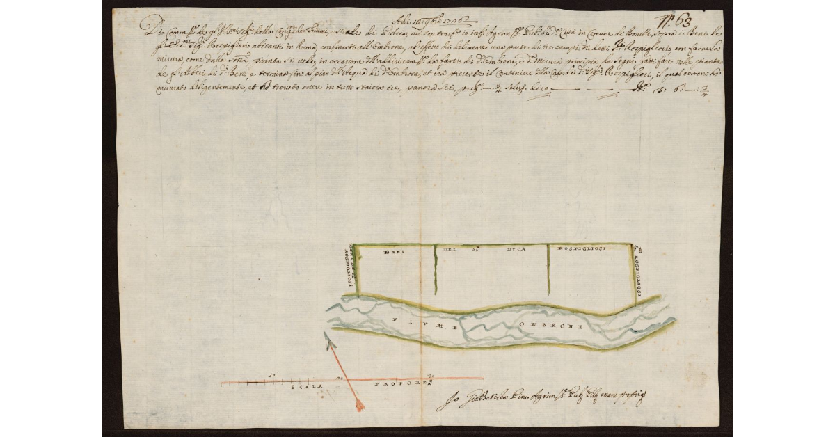 [Pianta dell'Ombrone Nuovo nel Pistoiese nei terreni di proprietà del Duca Rospigliosi di Roma nel Comune di Bonelle]